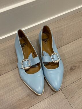 John Fluevog Light Blue Pointed Mary Janes with Silver Buckle